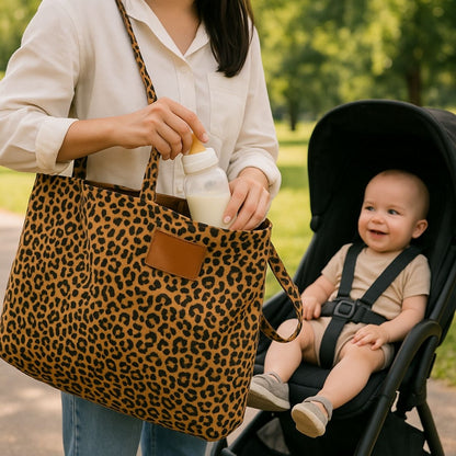 Sac pour la maternité léopard brun avec biberon rangé, poussette en arrière-plan