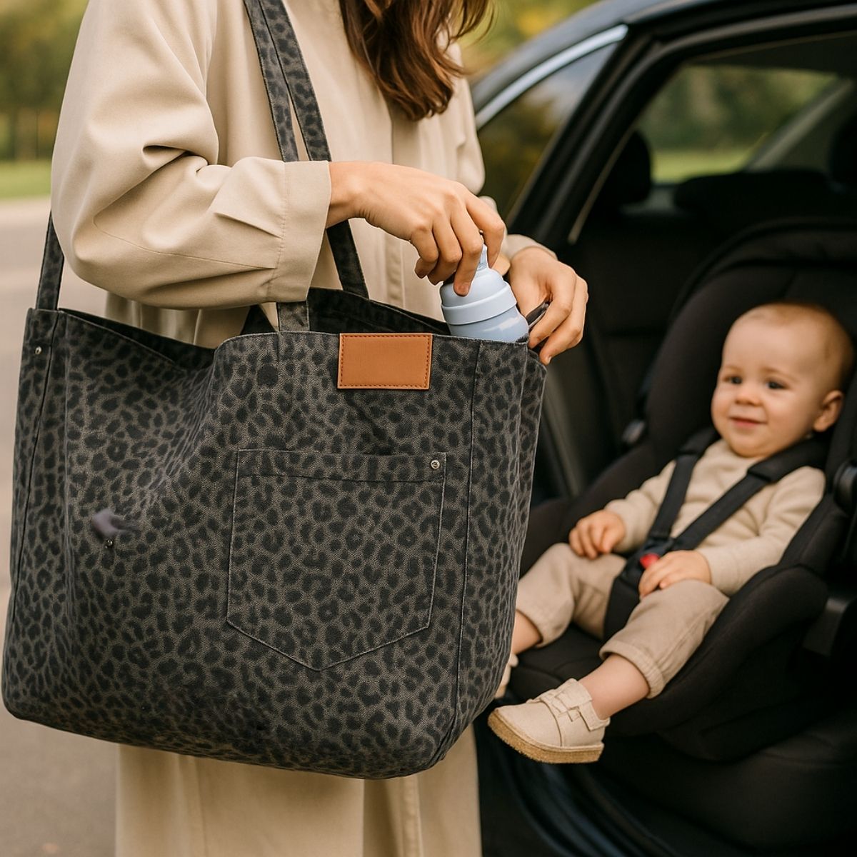 Sac pour la maternité léopard gris avec biberon rangé, bébé assis en siège auto