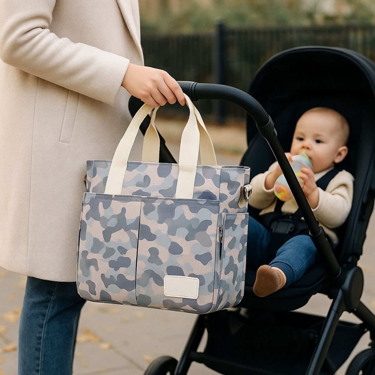 Sac pour maternité camouflage pastel accroché à une poussette avec bébé buvant un biberon
