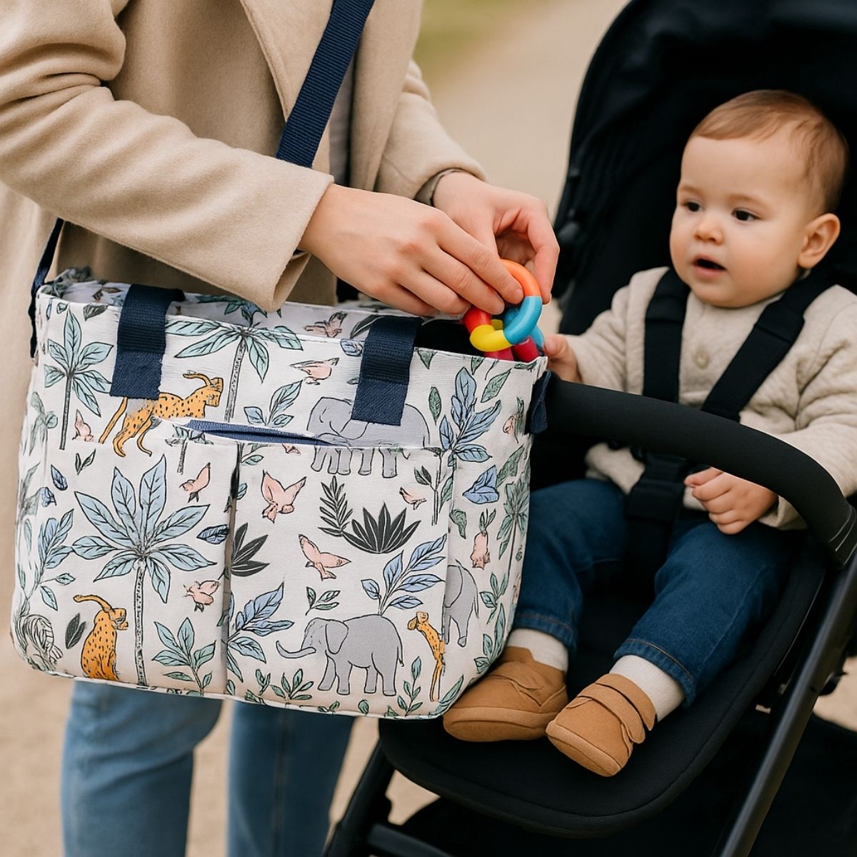 Sac pour maternité jungle colorée utilisé lors d’une sortie poussette avec bébé