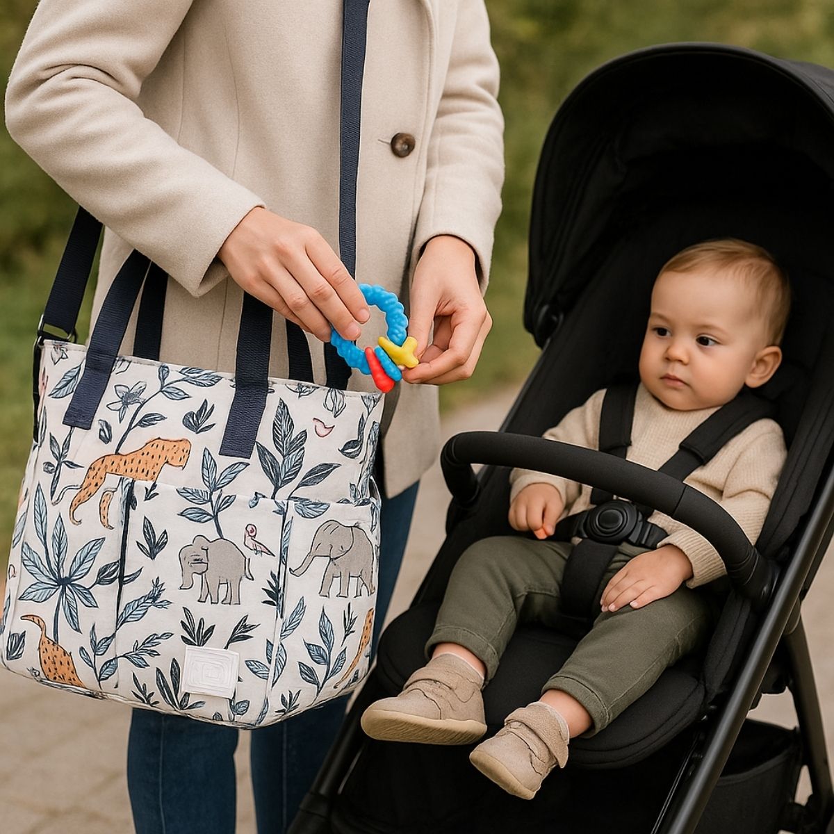 Sac pour maternité jungle colorée porté à l’épaule par une maman près d’une poussette
