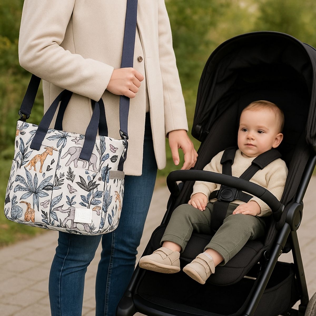 Sac pour maternité jungle colorée porté en bandoulière par une maman avec poussette