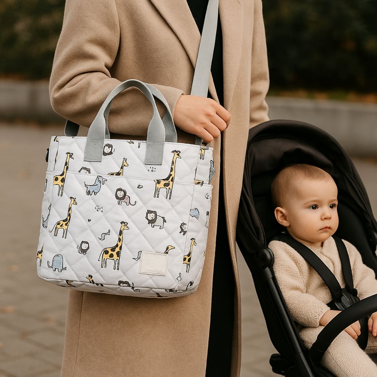 Sac pour maternité safari doux porté à l’épaule par une maman près d’une poussette