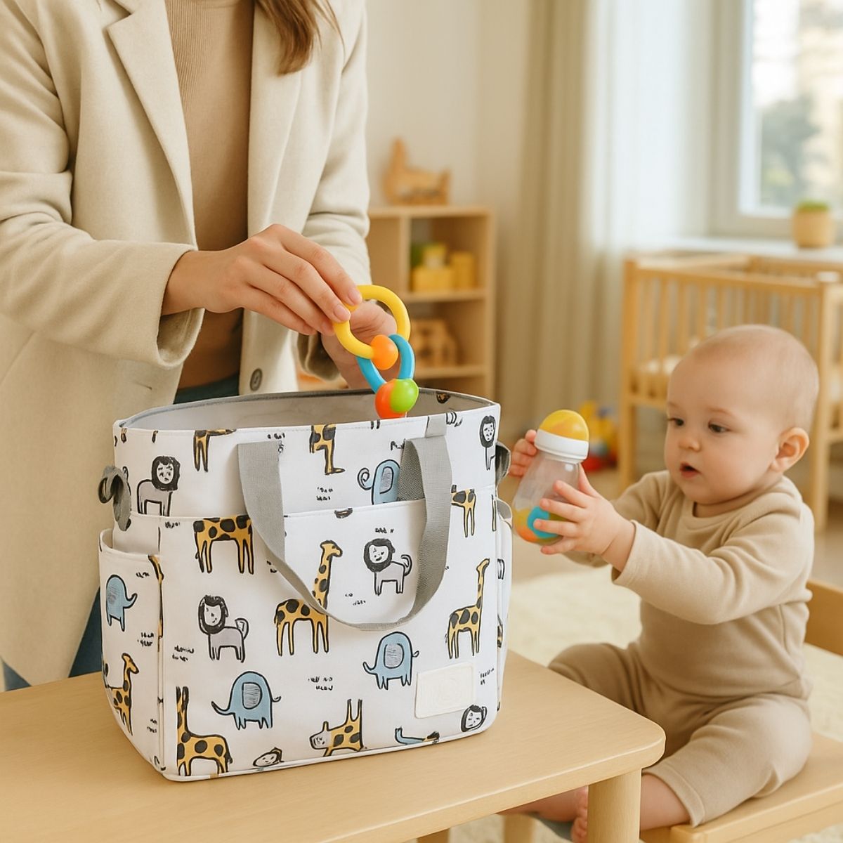 Sac pour maternité safari doux posé sur une table avec bébé tenant un biberon