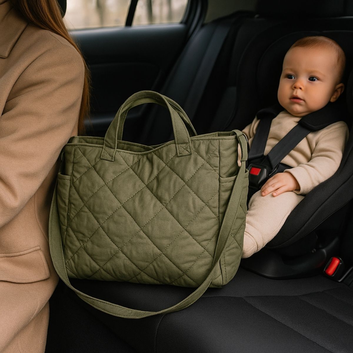 Sac pour maternité vert posé à côté d’un bébé en voiture