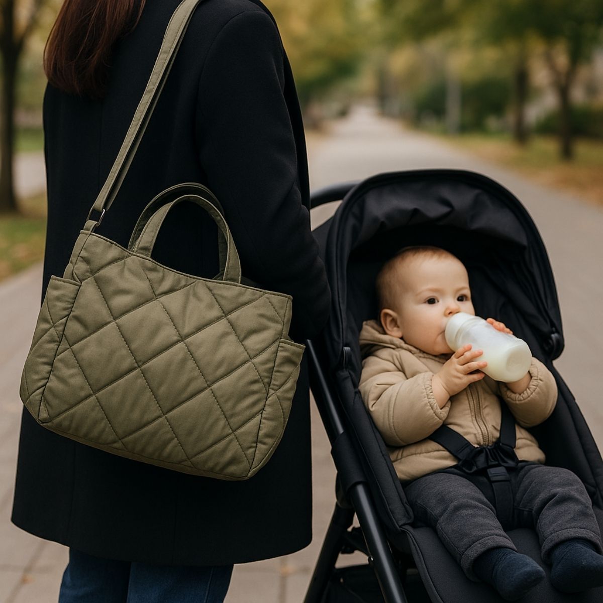 Sac pour maternité vert utilisé en extérieur à côté d’une poussette