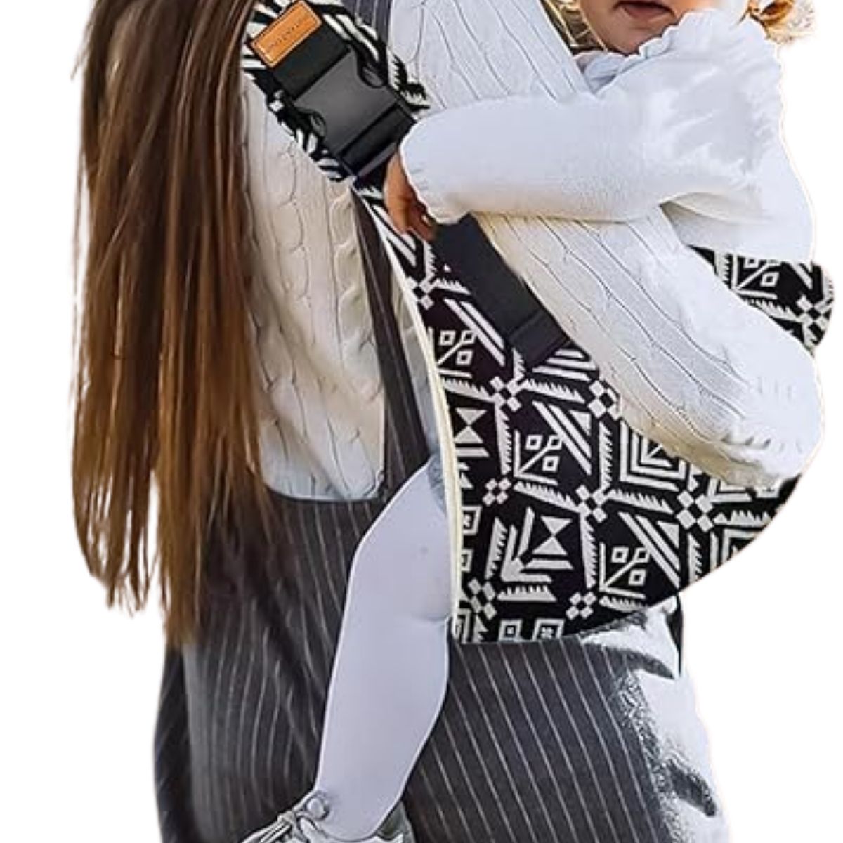 Sling echarpe de portage noir et blanc avec boucle reglable, gros plan sur l’epaule.