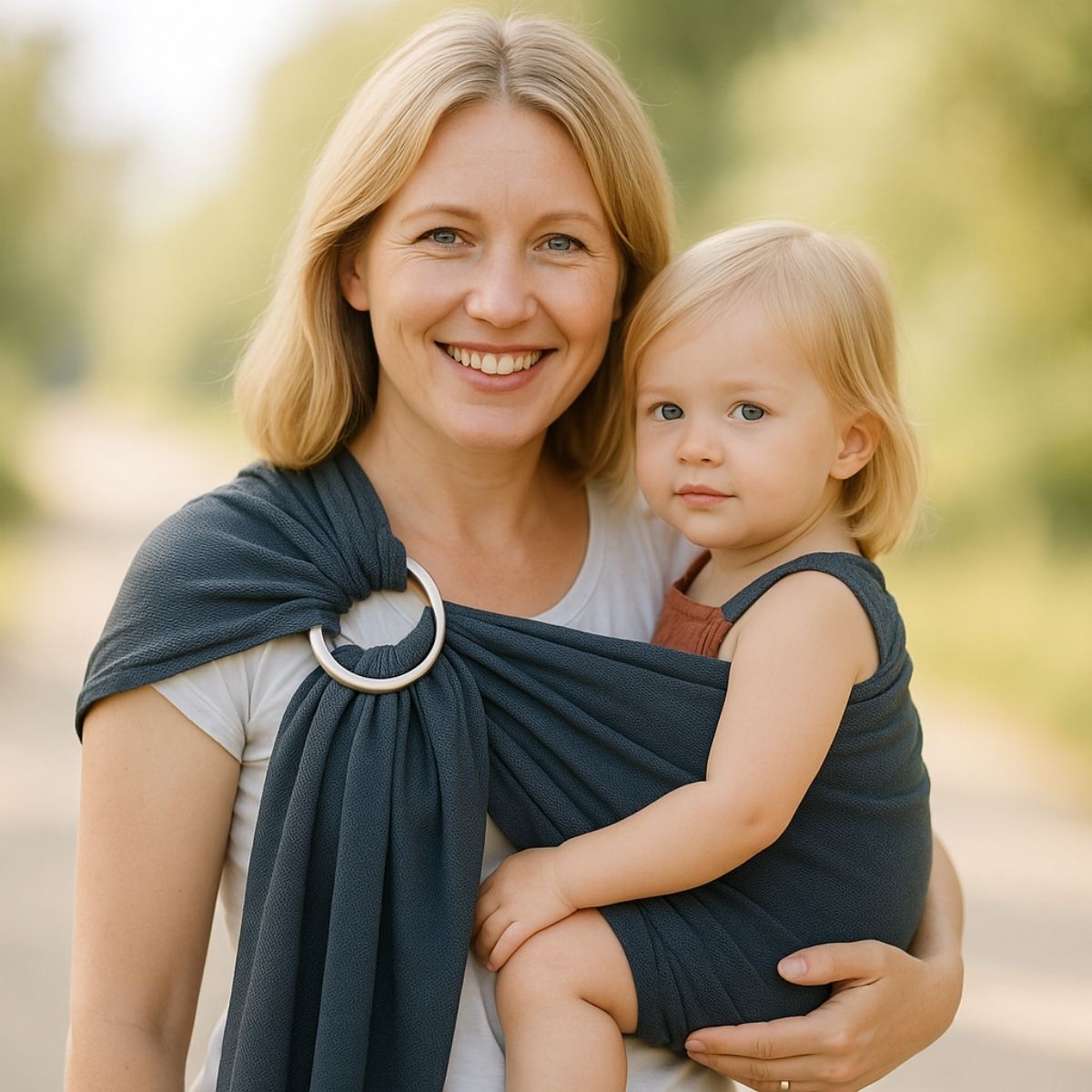 Sling echarpe de portage gris porté par maman souriante avec enfant