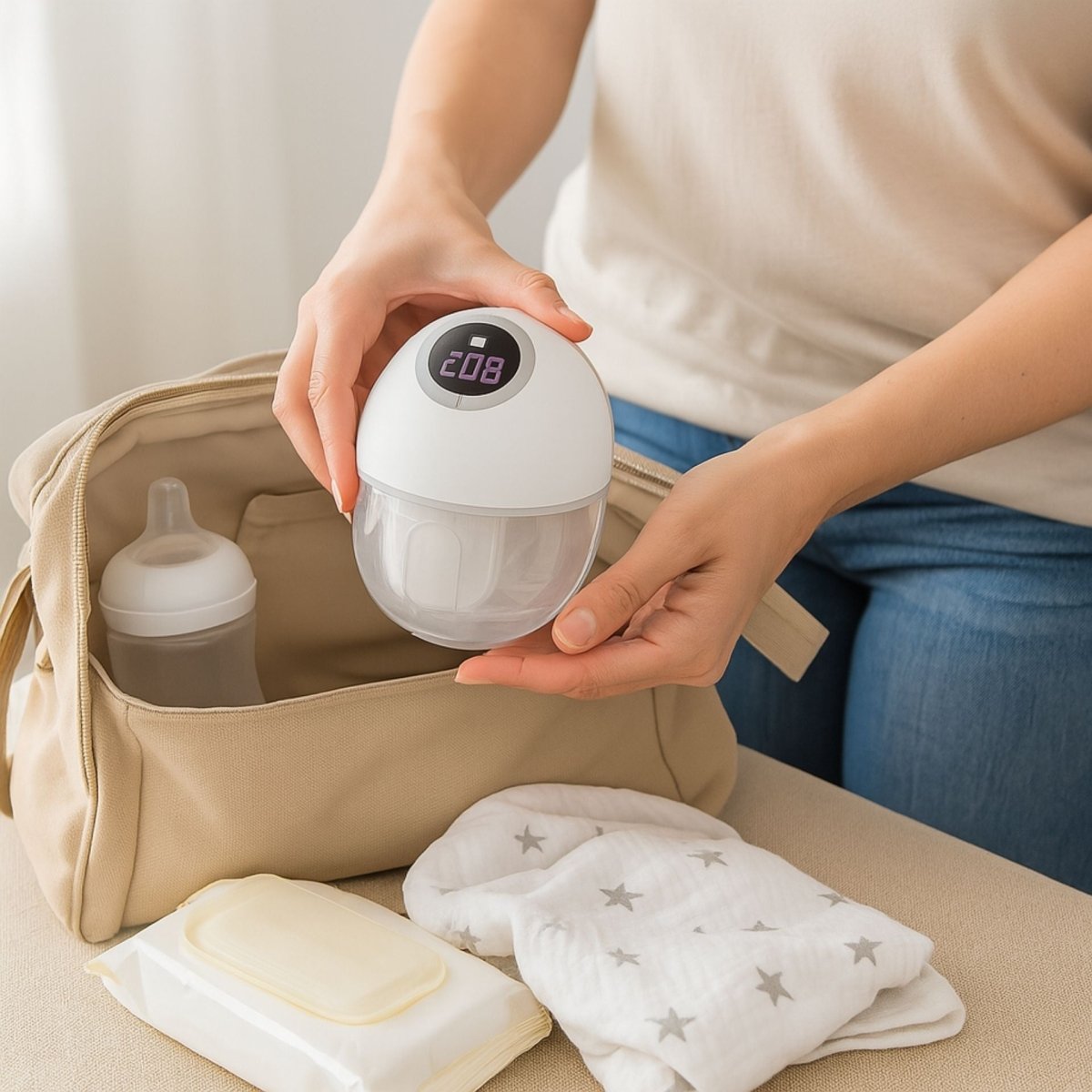 tire lait electrique compact rangé facilement dans un sac à langer pour maman active