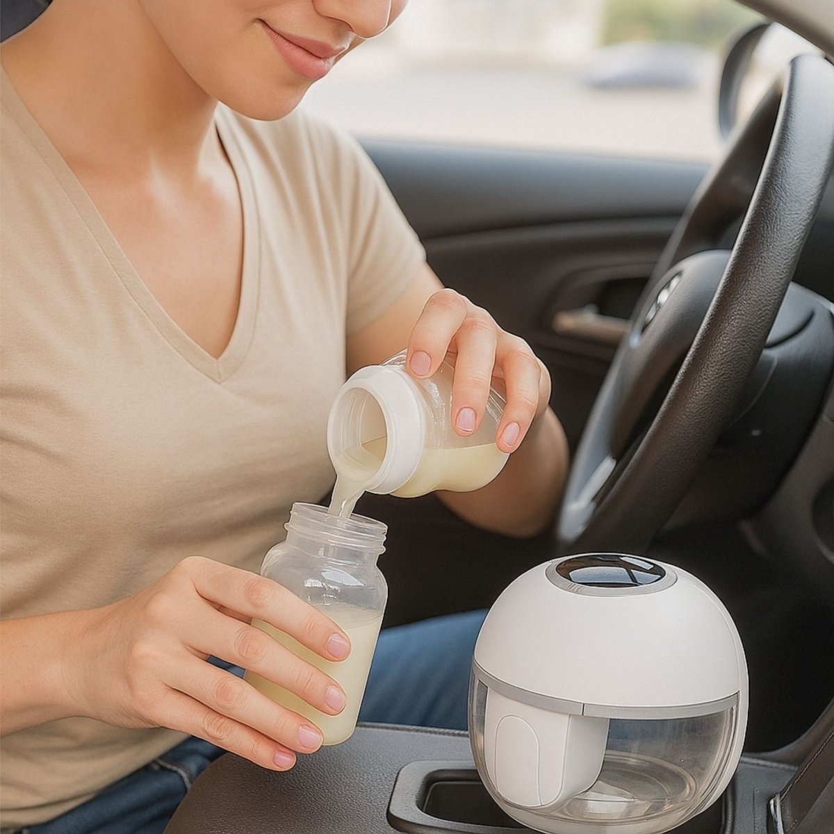 tire lait electrique utilisé dans une voiture pour une session d’allaitement en déplacement