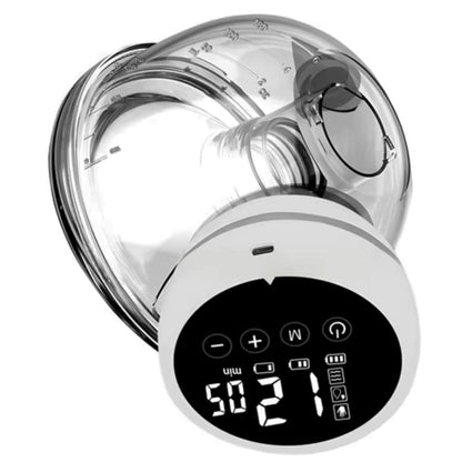 Tire lait portable compact avec indicateur de charge et options de réglage visibles.